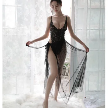 Womens Sexy Lace See Through Porn Sleep Wear Night Dress Deep V Backless Lingerie Night Gown Babydoll Lingerie Porno Sleepwear