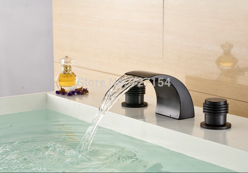 Oil Rubbed Bronze Basin Faucet Deck Mounted Sink Mixer Tap Waterfall Spout Mixer