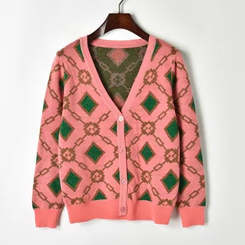 V-neck Cardigan Sweater Women 2019 Spring New Single Breasted Cardigan designer Hit Color Argyle Jacquard Cardigan Sweater Coat
V-neck Cardigan Sweater Women 2019 Spring New Single Breasted Cardigan designer Hit Color Argyle Jacquard Cardigan Sweater Coat
