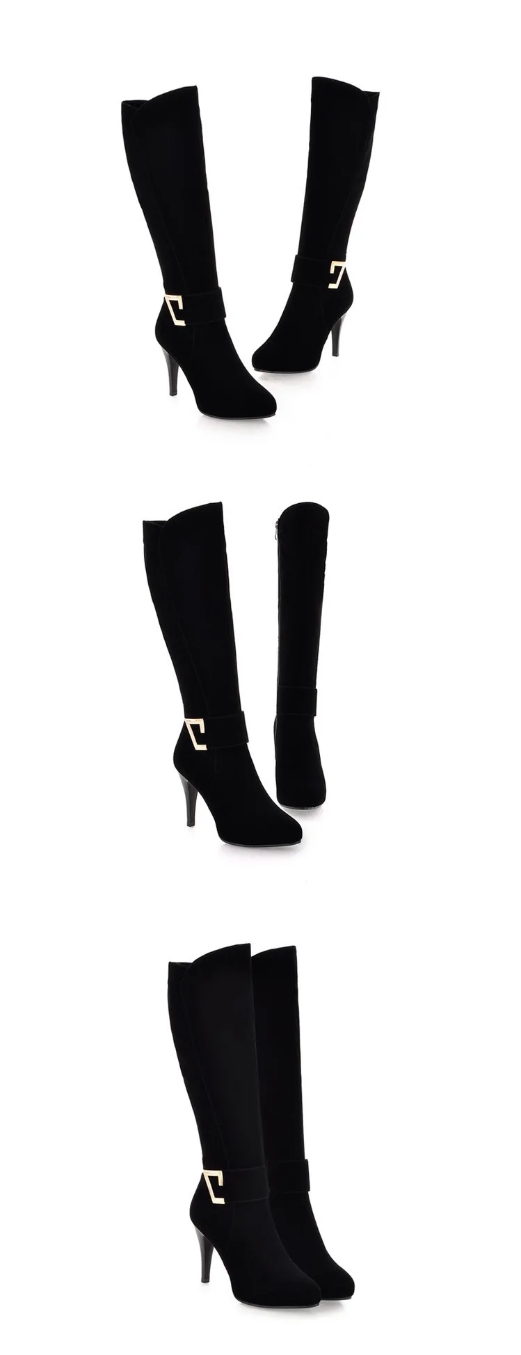 Womens Elegant Belt Buckle Pointed Toe Stiletto Heel Shoes Autumn And Winter Suede Cheap Black Heeled Knee High Knight Boots1