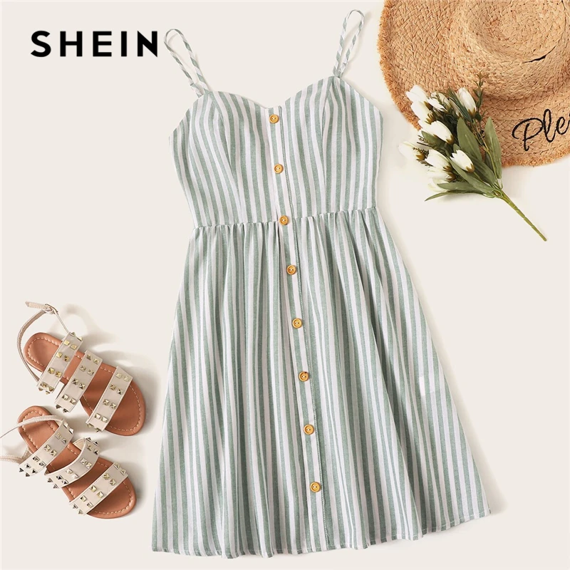 SHEIN Button Front Striped Slip Dress 2019 Boho Sleeveless Spaghetti Strap Summer Green Dress Zipper Flared Women Dresses
SHEIN Button Front Striped Slip Dress 2019 Boho Sleeveless Spaghetti Strap Summer Green Dress Zipper Flared Women Dresses