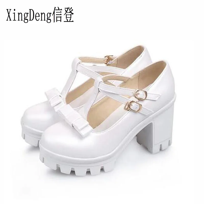 XingDeng Women Buckle Strap Bowtie High Heels Pumps Square Heel T-strap Women Round Toe Platforms Lolita Shoes Plus Size 34-43
XingDeng Women Buckle Strap Bowtie High Heels Pumps Square Heel T-strap Women Round Toe Platforms Lolita Shoes Plus Size 34-43