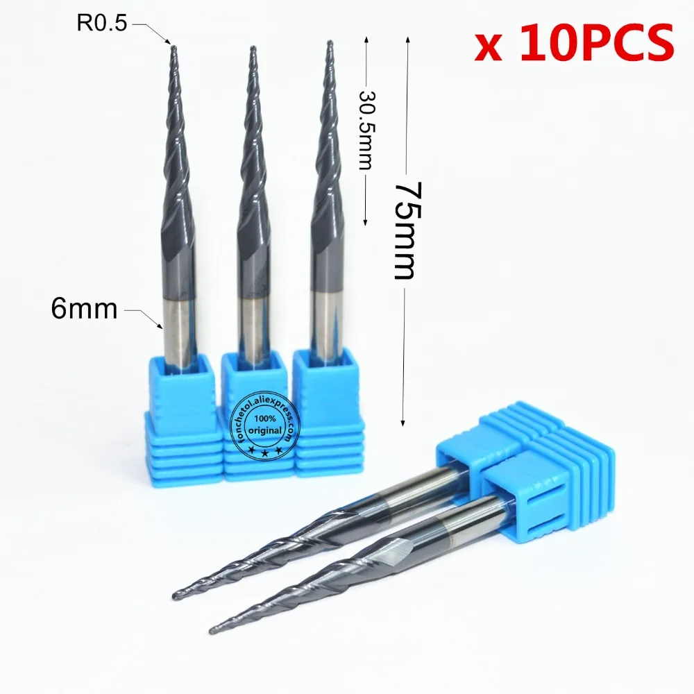 Free shipping-10PCS,R0.5*D6*30.5*75L,HRC55 solid carbide TiALN Coated Tapered Ball Nose End Mill, spherical cone Bit,wood tool
Free shipping-10PCS,R0.5*D6*30.5*75L,HRC55 solid carbide TiALN Coated Tapered Ball Nose End Mill, spherical cone Bit,wood tool