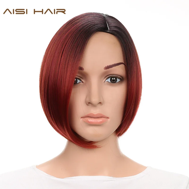 Image AISI HAIR Short Synthetic Ombre Wigs for Black Women Straight Bob Hairstyle With Heat Resistant
