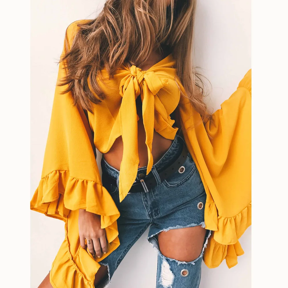 Sexy V Neck Ruffle Flare Sleeve Chiffon Blouse Bowknot Crop Tops Women Ladies Autumn Low Cut Bow Tie Lolita Shirts chemise femme
Sexy V Neck Ruffle Flare Sleeve Chiffon Blouse Bowknot Crop Tops Women Ladies Autumn Low Cut Bow Tie Lolita Shirts chemise femme