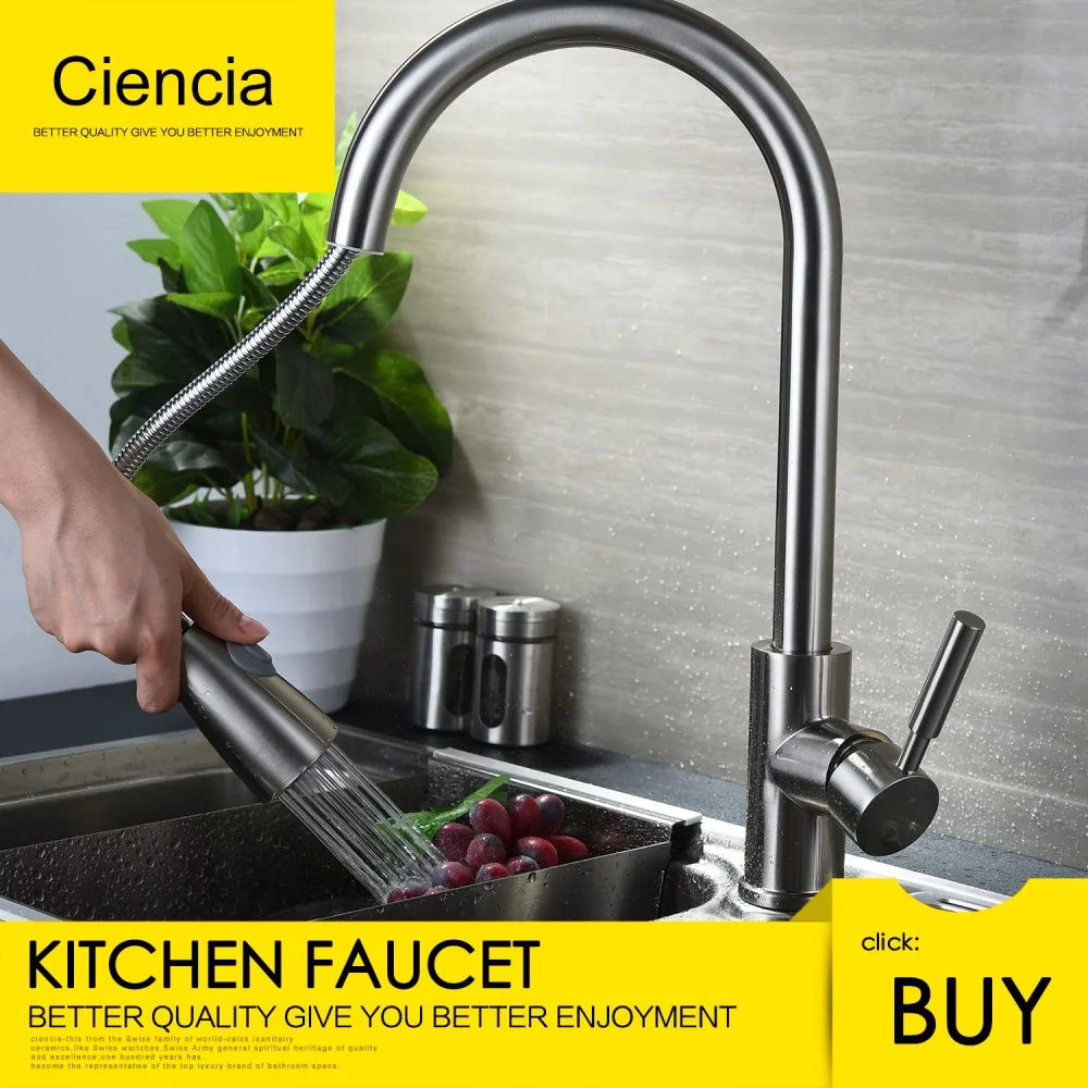 

Ciencia Brass Brushed Nickel Pull out kitchen mixer 360 degree rotate faucet Deck mounted single handle adjustable tap
