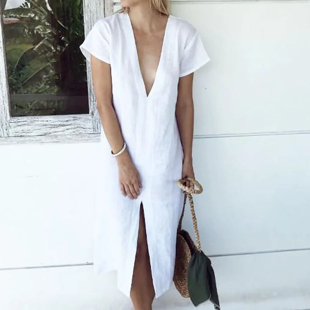 Dress Summer Women Long Fashion Women V-Neck Short Sleeve Open Fork Cotton And Linen Casual Dress vestido verano
Dress Summer Women Long Fashion Women V-Neck Short Sleeve Open Fork Cotton And Linen Casual Dress vestido verano