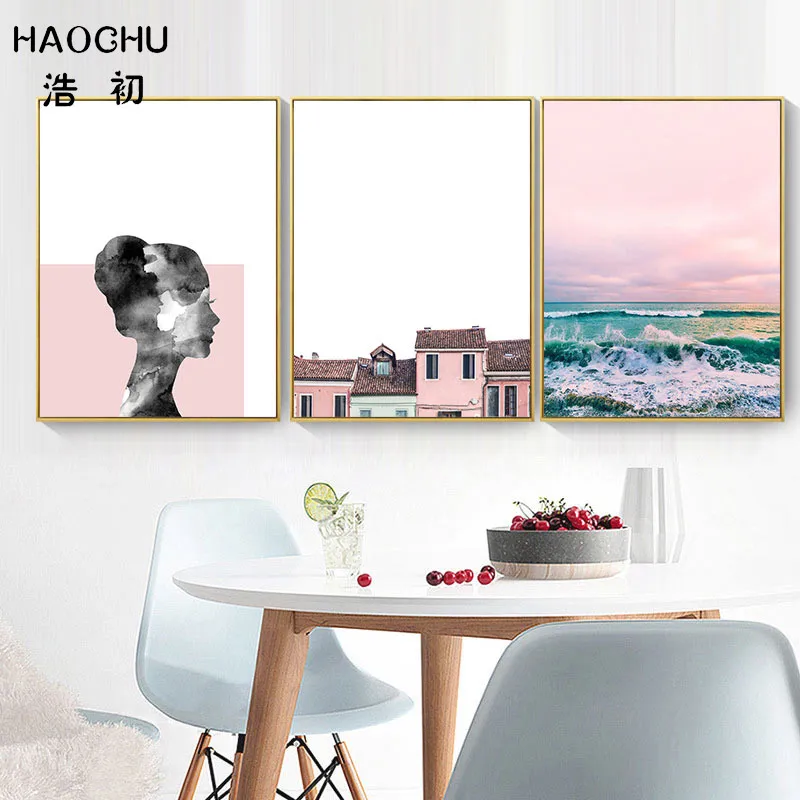 HAOCHU Abstract Porttrait Girl Pink Sky Blue Ocean House Canvas Painting For Living Room Art Print Poster Children Room Decor
HAOCHU Abstract Porttrait Girl Pink Sky Blue Ocean House Canvas Painting For Living Room Art Print Poster Children Room Decor