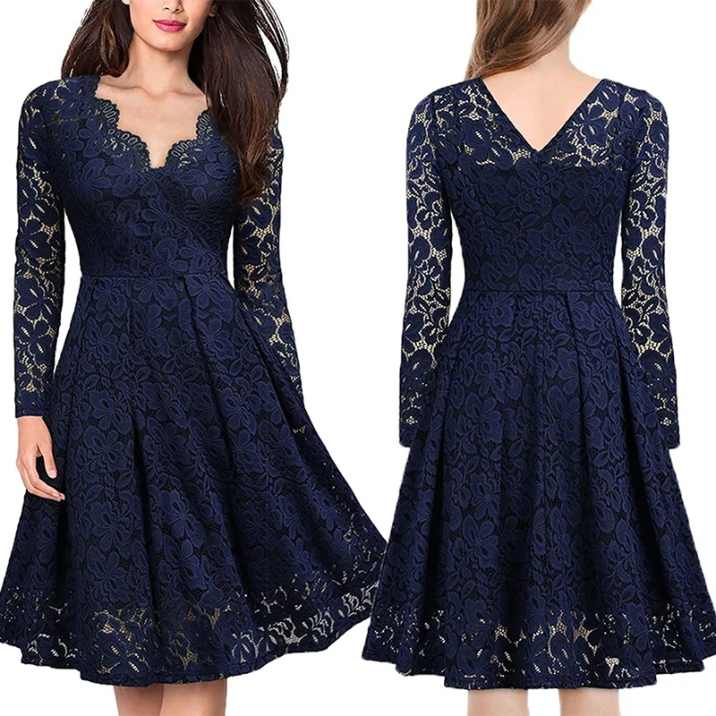 Solid Color High Waist A Word Casual Party Dress women's Lace Dress Spring Sexy V-neck long-sleeved Swing Dress
Solid Color High Waist A Word Casual Party Dress women's Lace Dress Spring Sexy V-neck long-sleeved Swing Dress