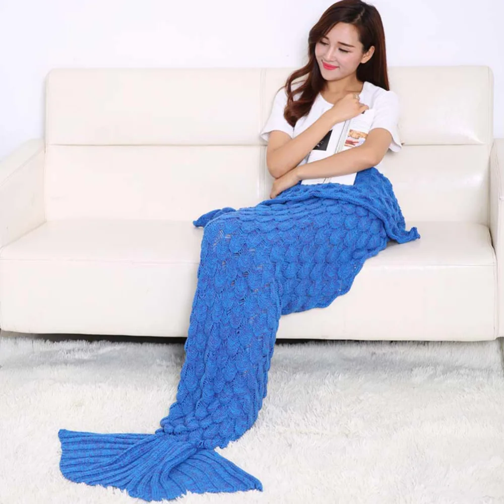 Image 2016 Hot Sale Mermaid Tail Blanket Sleeper 7Color Crochet Sea Maid Fish Scales Travel Blankets For Sofa Bed Home Decor Warm Mat