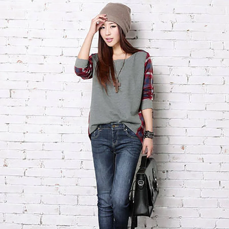 Women T-Shirt 2019 Spring Autumn Plaid Patchwork Casual Long Sleeve O-Neck Tees Tops Office Work Bottoming | Женская одежда