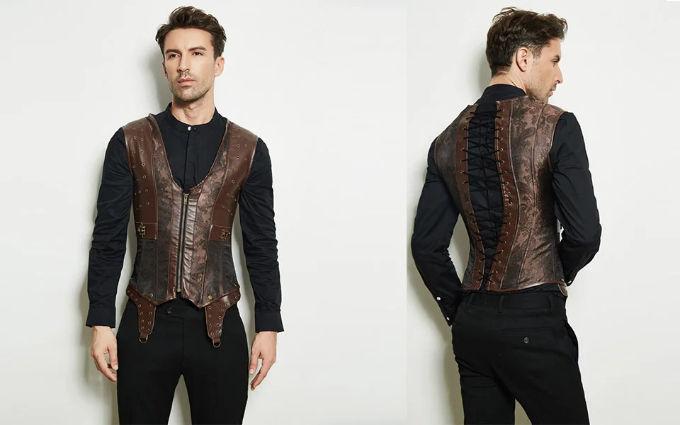 Mens Corset Steampunk Vest Shapers Brown Collar Sleeveless Steel Boned Gothic Corset Jacket Slimming Corsets For Men (9)