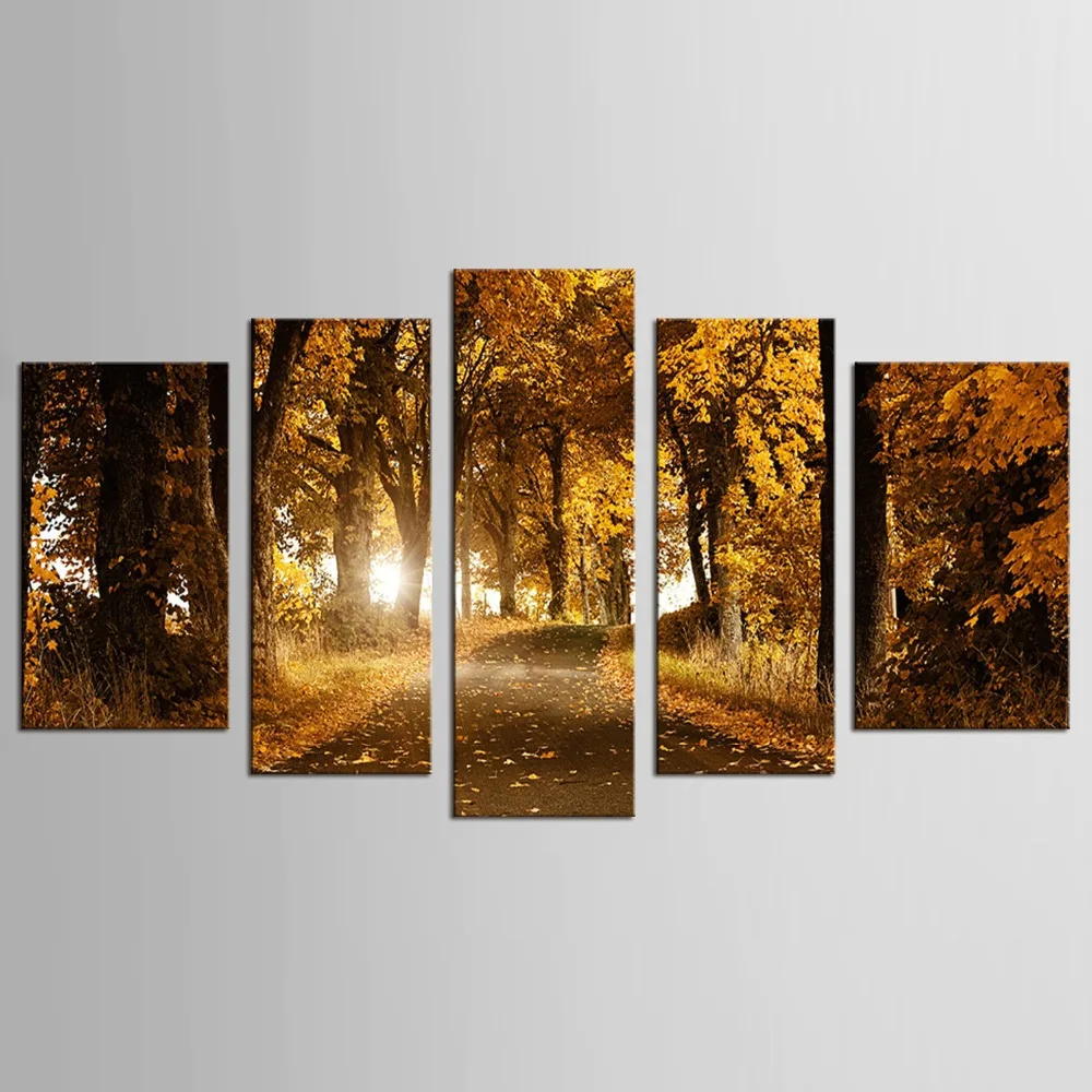 

Картина из 5 предметов, красивый Осенний лес, яркая дорога, пейзаж, картина, напечатанная на холсте для дома, отеля, настенное искусство, Декор