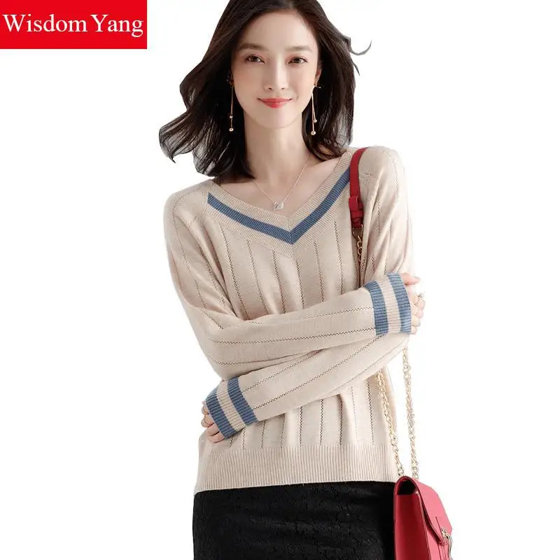 Autumn Winter Knitted Sweater Women Blue Khaki Long Sleeve Pullovers Casual Loose Striped Vneck Wool Elegant Sewaters Jumpers
Autumn Winter Knitted Sweater Women Blue Khaki Long Sleeve Pullovers Casual Loose Striped Vneck Wool Elegant Sewaters Jumpers