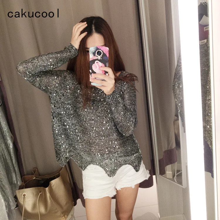 Cakucool Women Sequined Sweater Hollow Out Knit Pullover Long Sleeve Spring Bling Embellished Loose Sweaters Jumpers Top Lady
Cakucool Women Sequined Sweater Hollow Out Knit Pullover Long Sleeve Spring Bling Embellished Loose Sweaters Jumpers Top Lady