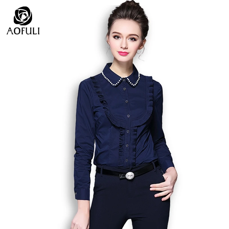 size XL/XXL Women Office Shirt Pearl Beading Solid Blue Ruffles Single-breasted Long Sleeve Blouse Tops 9112 
size XL/XXL Women Office Shirt Pearl Beading Solid Blue Ruffles Single-breasted Long Sleeve Blouse Tops 9112