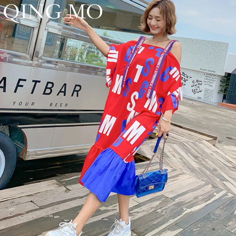 QING MO Women Red Letter Print Patchwork Dress Women Slash Neck Flare Sleeve Dress With Shoulder Strap 2019 Summer ZQY983
QING MO Women Red Letter Print Patchwork Dress Women Slash Neck Flare Sleeve Dress With Shoulder Strap 2019 Summer ZQY983