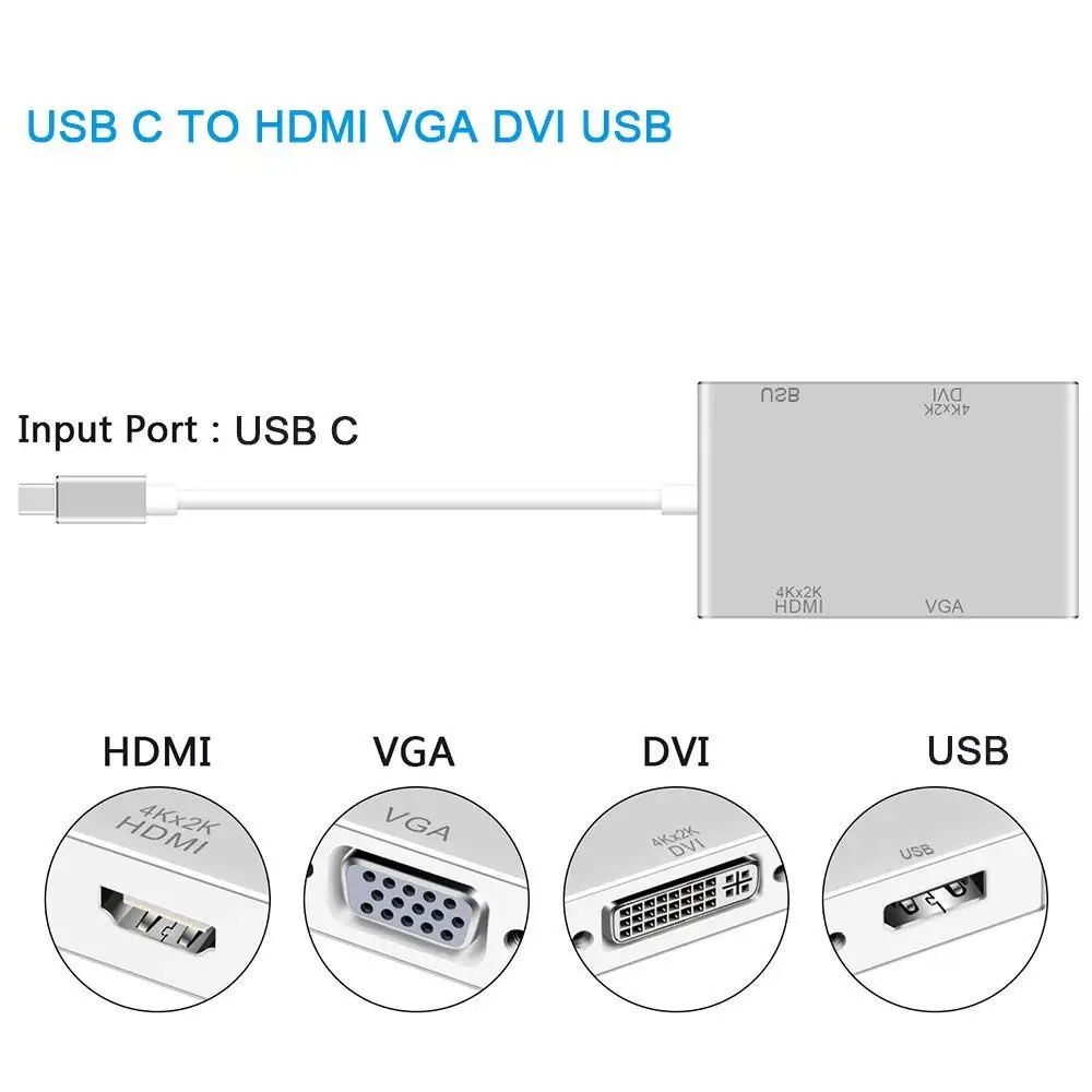 4 in 1 USB 3.1 USB C Type C to HDMI VGA DVI USB 3.0 Adapter Cable for Laptop MacBook/MacBook Pro/Dell XPS/Samsung Galaxy
4 in 1 USB 3.1 USB C Type C to HDMI VGA DVI USB 3.0 Adapter Cable for Laptop MacBook/MacBook Pro/Dell XPS/Samsung Galaxy