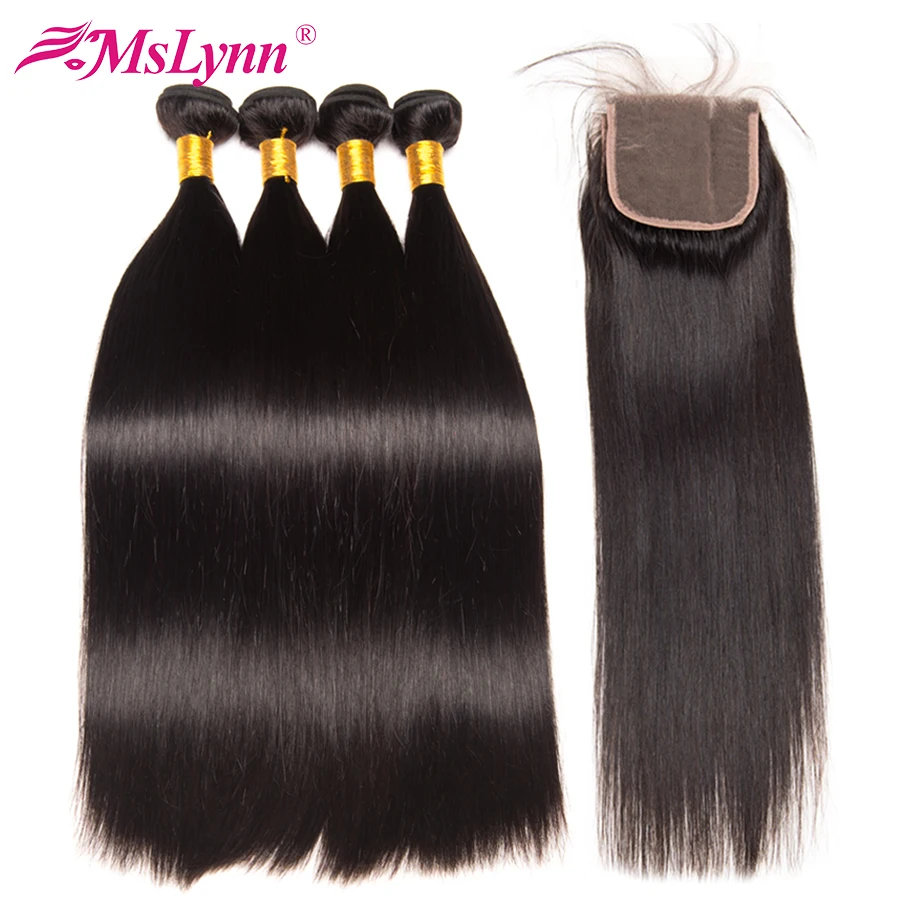 altBrazilian Straight Hair Weave Bundles With Closure 4PCS Human Hair Bundles With Closure 4*4 Natural Color Mslynn Non Remy Hair