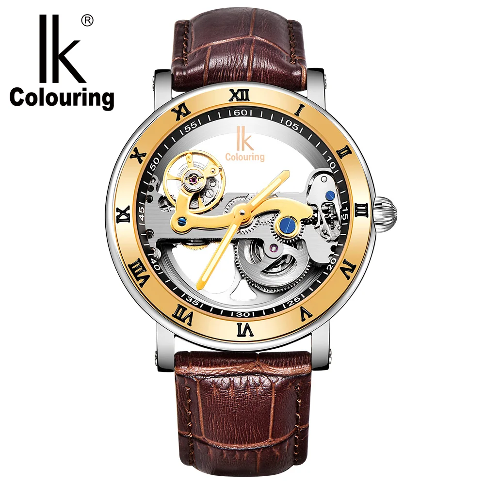 

IK Coloring Male Clock Men's Mechanical Wrist Watch Bridge Leather Strap Skeleton Wristwatch Automatic reloj hombre