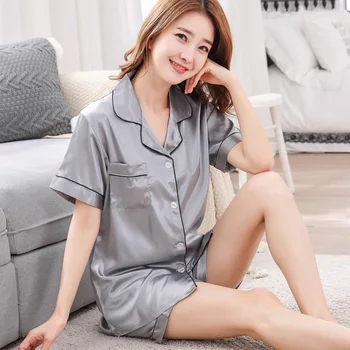 Sexy Summer Women Nightwear 2pc Shirt Pants Sleep Pajamas Sets Sleepwear Faux Silk Silky Nightgown Casual Robe Clothes M - XXL