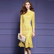Lguc. H 2018 vestido de encaje de lujo vestido de abrigo de otoño elegante para dama vestido de fiesta de noche ropa de mujer ropa de moda amarillo XL(China)