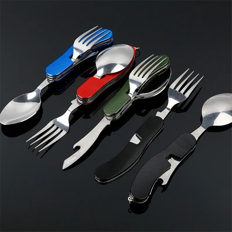 4 in 1 Tableware (Fork/Spoon/Knife/Bottle Opener) Camping Stainless Steel Pocket Kits for Hiking Survival Outdoor Travel Sadoun.com