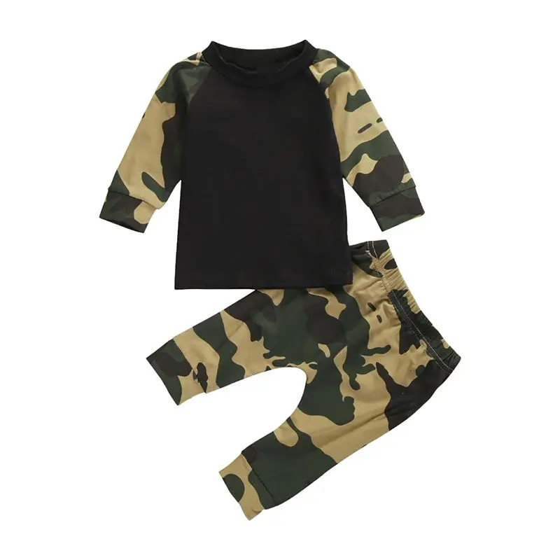 Cute Newborn Baby Boys Kids T-shirt Top+Long Pants Outfit Clothes Set Black camouflage boy girl summer clothes | Детская одежда и