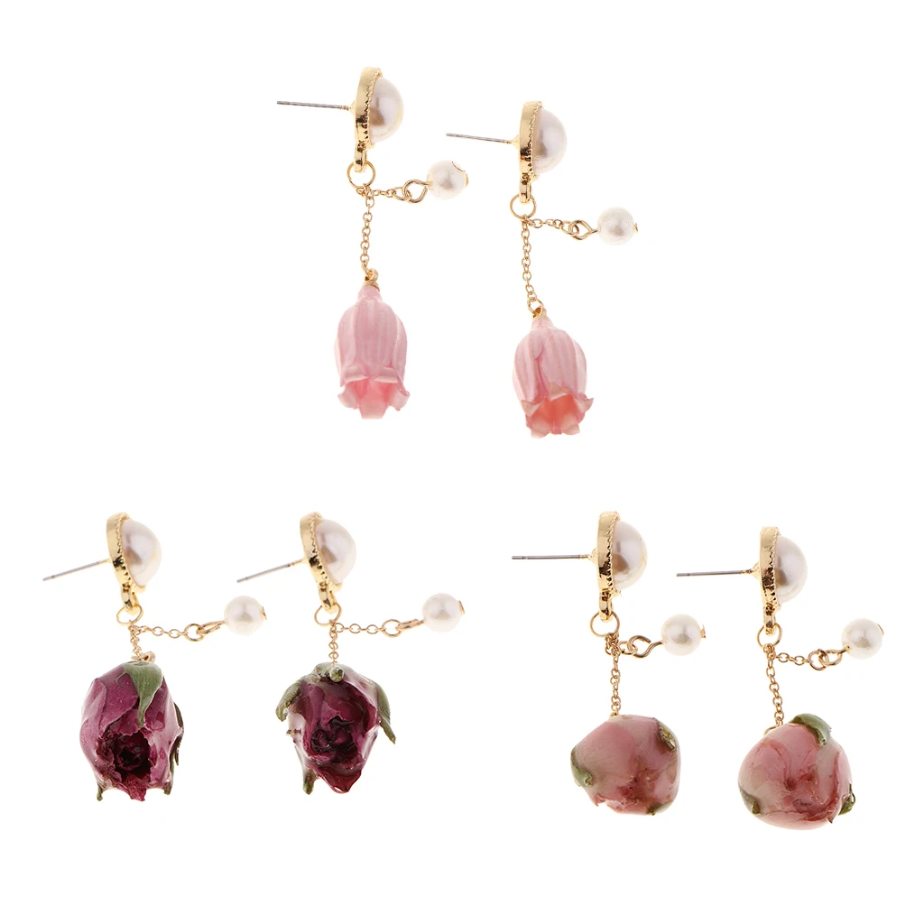 1 Pair Resin Covered Real Flower Charms Natural Dried Flower Pendants Drop Earrings Studs for Women Girls Jewelry 3 Colors