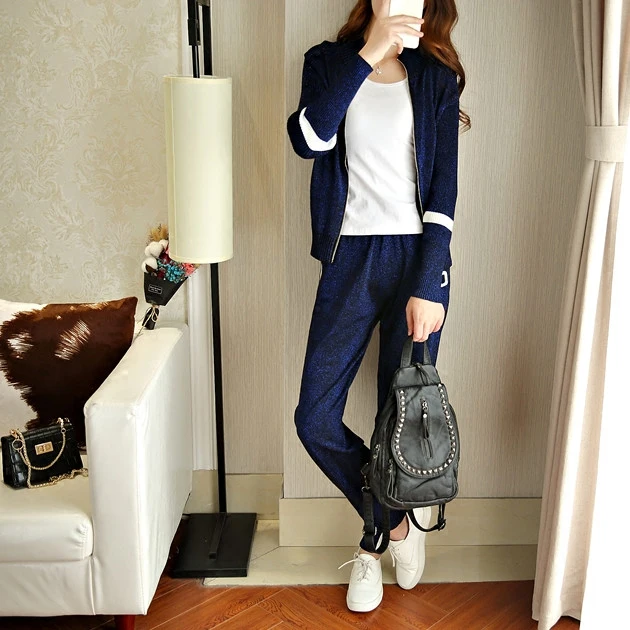 Gold blended knitted cardigan sweater coat zipper 2018 spring fashion casual striped knit jacket + skinny pants suit female tide
Gold blended knitted cardigan sweater coat zipper 2018 spring fashion casual striped knit jacket + skinny pants suit female tide