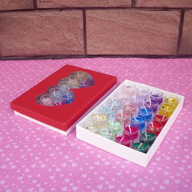 24PC/box Mix Color Cup-shaped Scented Candles Glass Cup Gel Wax Jelly Candles Creative Gift Marriage proposal Gifts
24PC/box Mix Color Cup-shaped Scented Candles Glass Cup Gel Wax Jelly Candles Creative Gift Marriage proposal Gifts