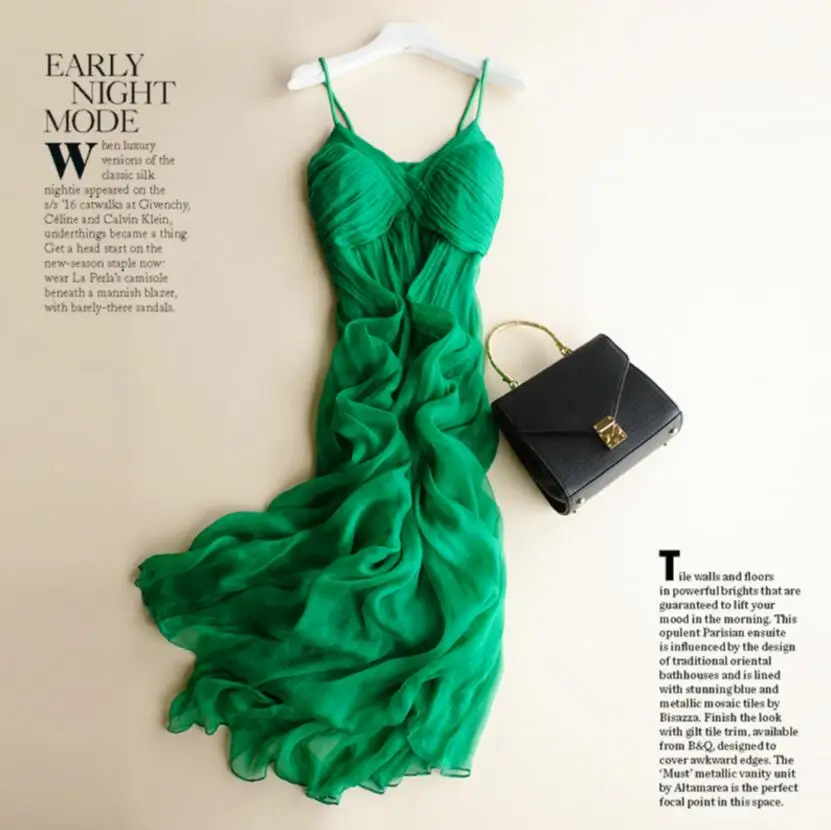 

New Summer Shell 100% Silk Dress Women Natural Silk High Quality Elegent Holiday Beach Long dress Green Free Shipping