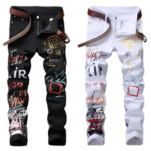 Printed Jeans Punk-Pants Skinny Hip-Hop Black White-Color Designer High-Street Fashion Printed Jeans Punk-Pants Skinny Hip-Hop Black White-Color Designer High-Street Fashion