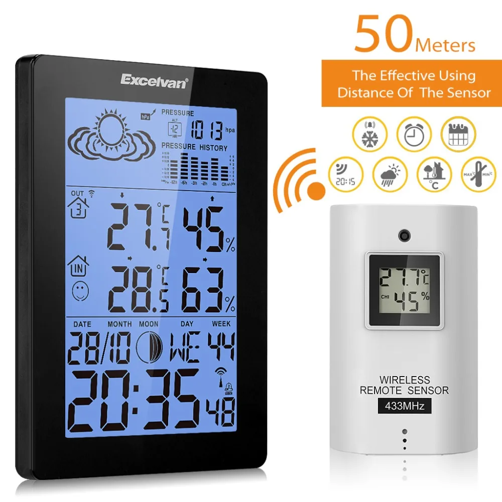 EXCELVAN Professional Wireless Weather Station with Forecast Temperature Humidity Barometer Remote Sensor Radio Controlled Clock
EXCELVAN Professional Wireless Weather Station with Forecast Temperature Humidity Barometer Remote Sensor Radio Controlled Clock