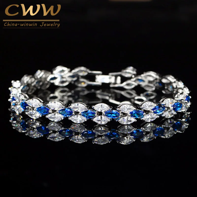 

CWWZircons Stunning Cubic Zirconia Bridal Wedding Jewelry Silver Color Blue Crystal CZ Bracelet for Bridesmaid Gift CB026