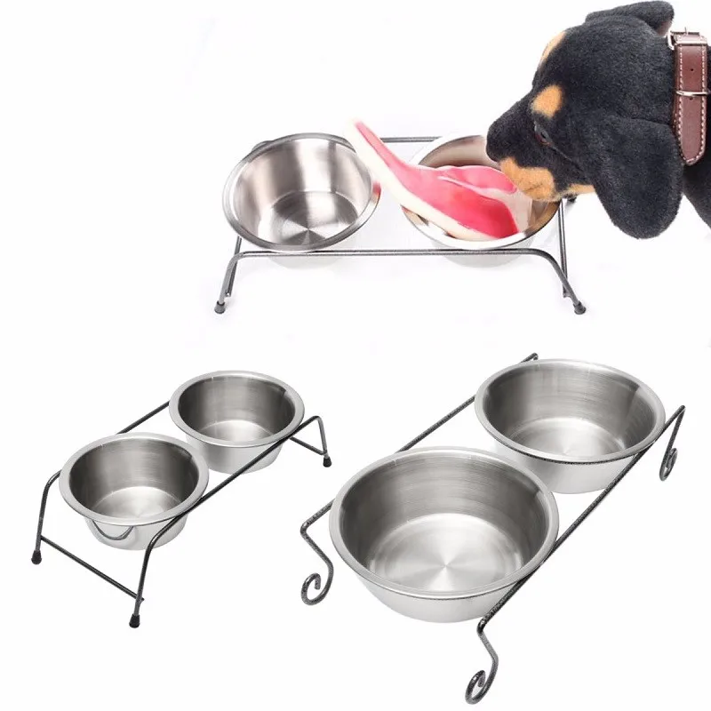 Image Hot Pet Dog Feeders Eating Dispenser Dish Stainless Steel Double Raised Dog Feeding Bowl Puppy Food Water Feeder