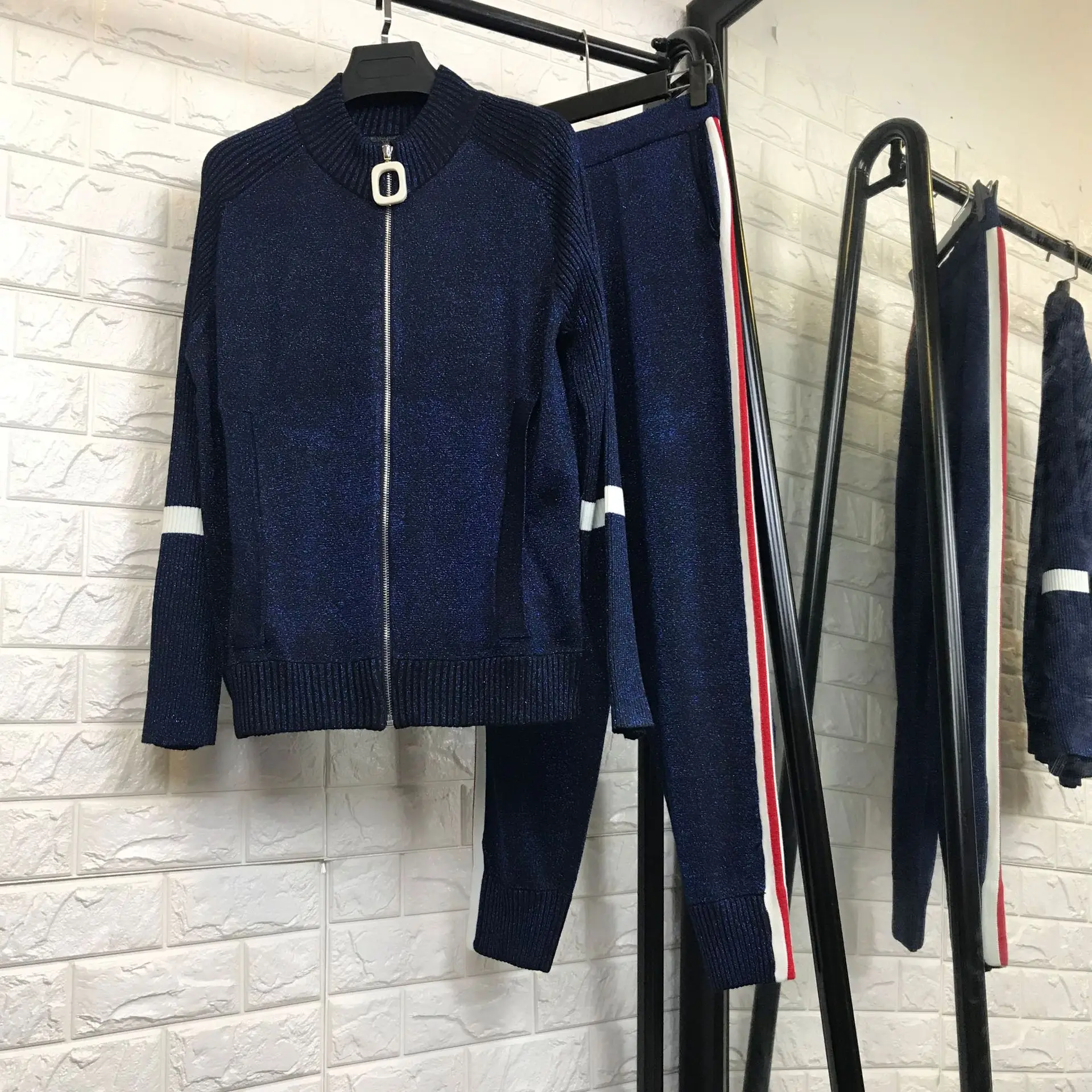 Women fashion casual zipper front knit sweater lurex striped + long pants suit 2 piece set new 2018 autumn blue
Women fashion casual zipper front knit sweater lurex striped + long pants suit 2 piece set new 2018 autumn blue
