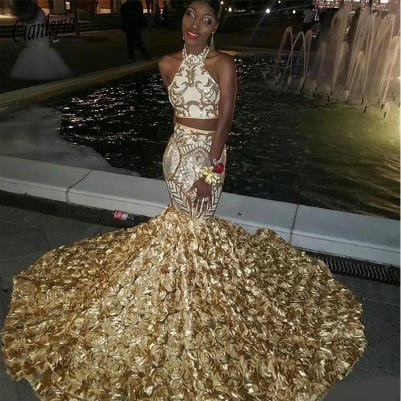 Beautiful Gold Rose Flowers Sequins Prom Dresses African Black Girls Sexy Appliques Two Pieces Satin Evening Gowns Plus Size
Beautiful Gold Rose Flowers Sequins Prom Dresses African Black Girls Sexy Appliques Two Pieces Satin Evening Gowns Plus Size