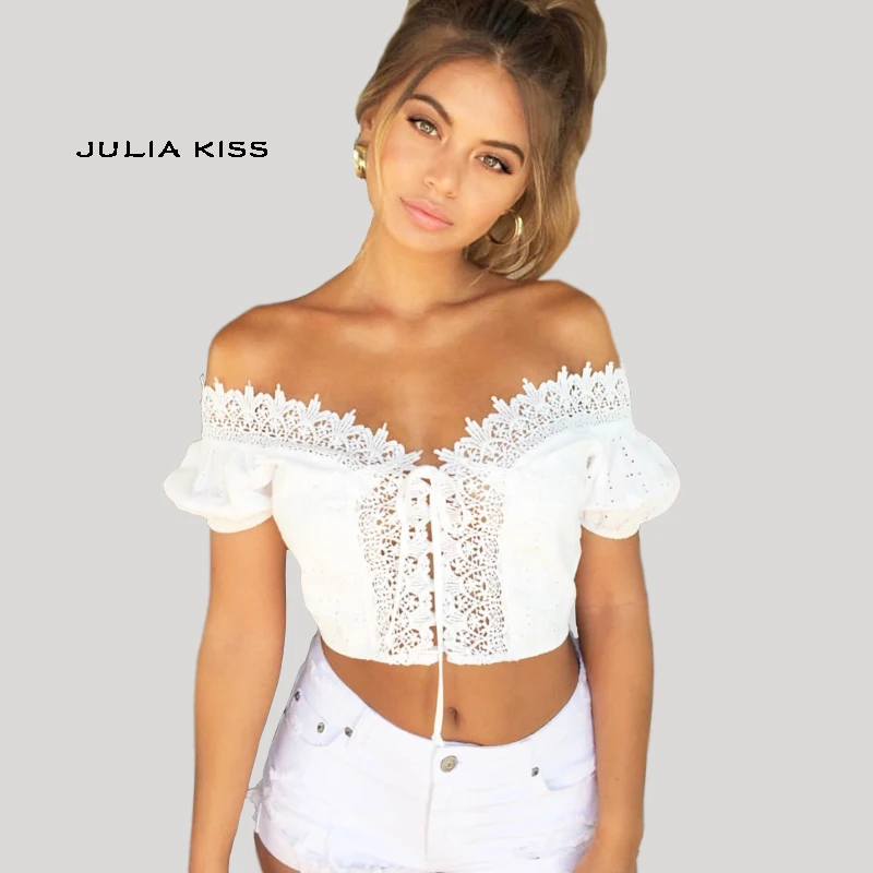 

Women Frill Trim Lace Up Bardot Crop Top with Short Petal Sleeve Lace Trim Plunge Neck Eyelet Embroidered Crop Top