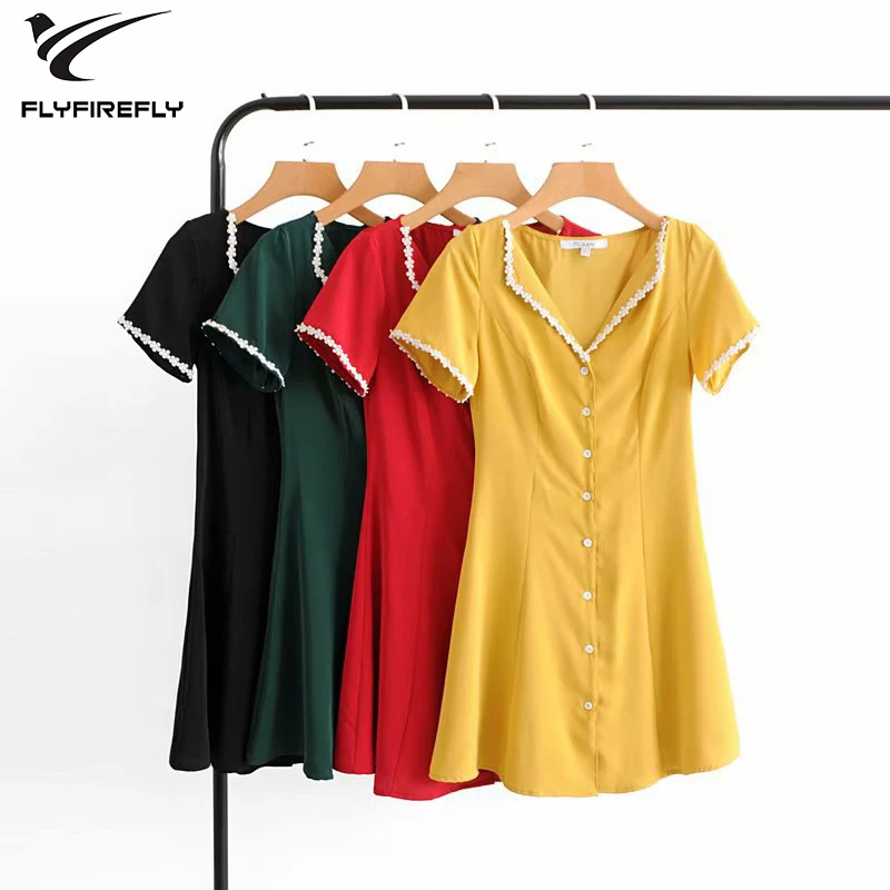 vintage lace sexy v neck mini dress women yellow red short sleeve Button summer dress casual elegant party dresses vestidos 2019
vintage lace sexy v neck mini dress women yellow red short sleeve Button summer dress casual elegant party dresses vestidos 2019
