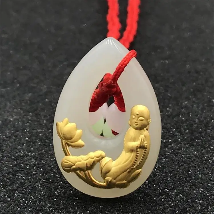 Golds-inlaid Jades-inlaid Goldes Hollow Water Drop Avalokitesvara Necklace for Men and Women
Golds-inlaid Jades-inlaid Goldes Hollow Water Drop Avalokitesvara Necklace for Men and Women