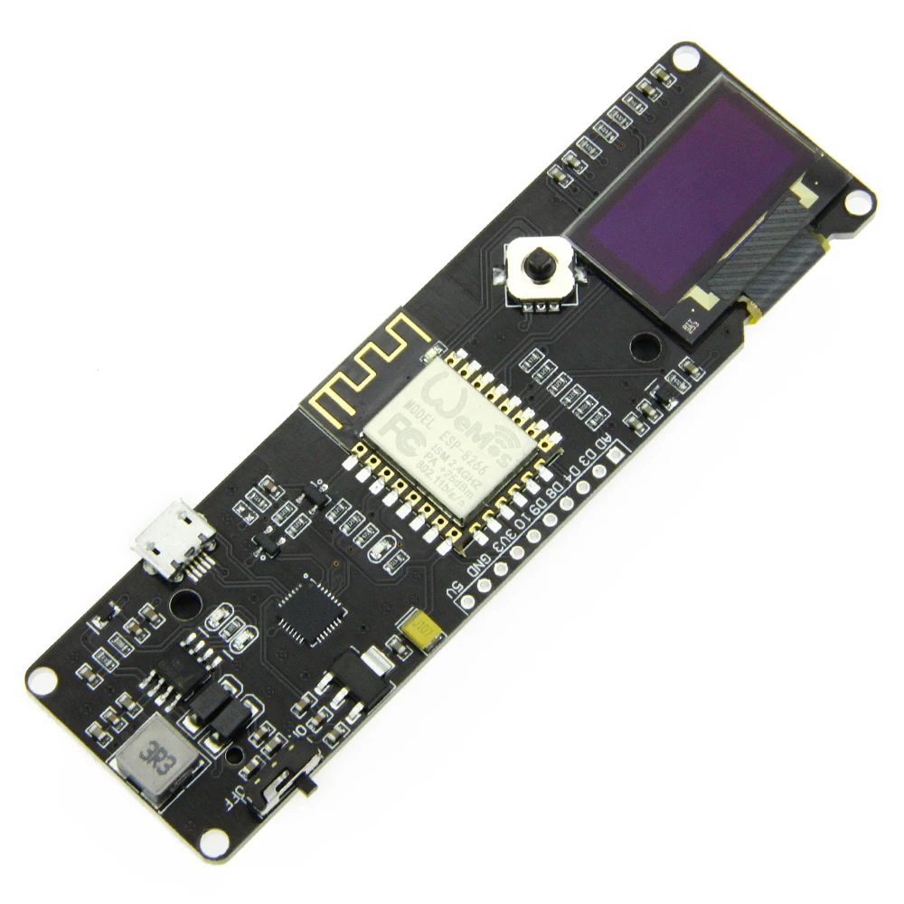 Wemos(ESP8266preflashed development board) OLED version - ESP8266 + 18650 + OLED
Wemos(ESP8266preflashed development board) OLED version - ESP8266 + 18650 + OLED