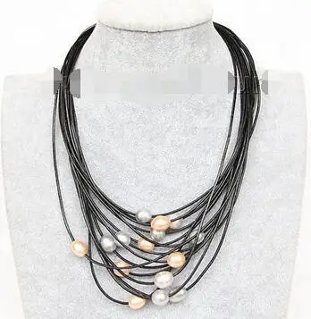 Free Shipping>> new hot 17"-24" 13mm 15row pink purple gray pearls Black leather necklace j9623
Free Shipping>> new hot 17"-24" 13mm 15row pink purple gray pearls Black leather necklace j9623