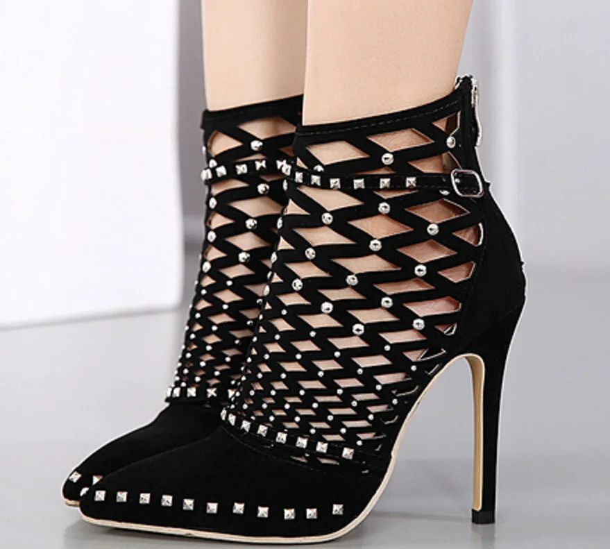 

Gladiator Roman Sandals Summer Rivets Studded Cut Out Caged Ankle Boots Stiletto High Heel Women Sexy Shoes Party Bootie