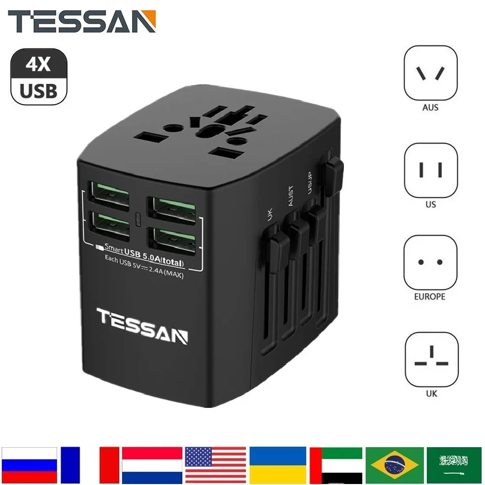 Сетевое зарядное устройство TESSAN Универсальный дорожный адаптер Все в одном с 4