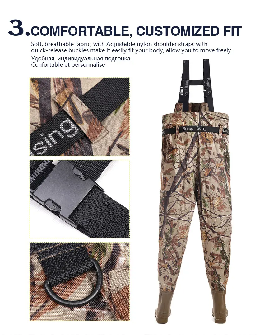 Mens Camouflage 420D Nylon Chest Waders, Stocking Foot Fly Fishing