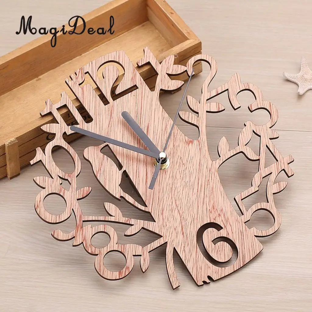 Tree Shaped Wooden Wall Clock Battery Operated Analog Clock for Home Office Housewarming Decor Gift