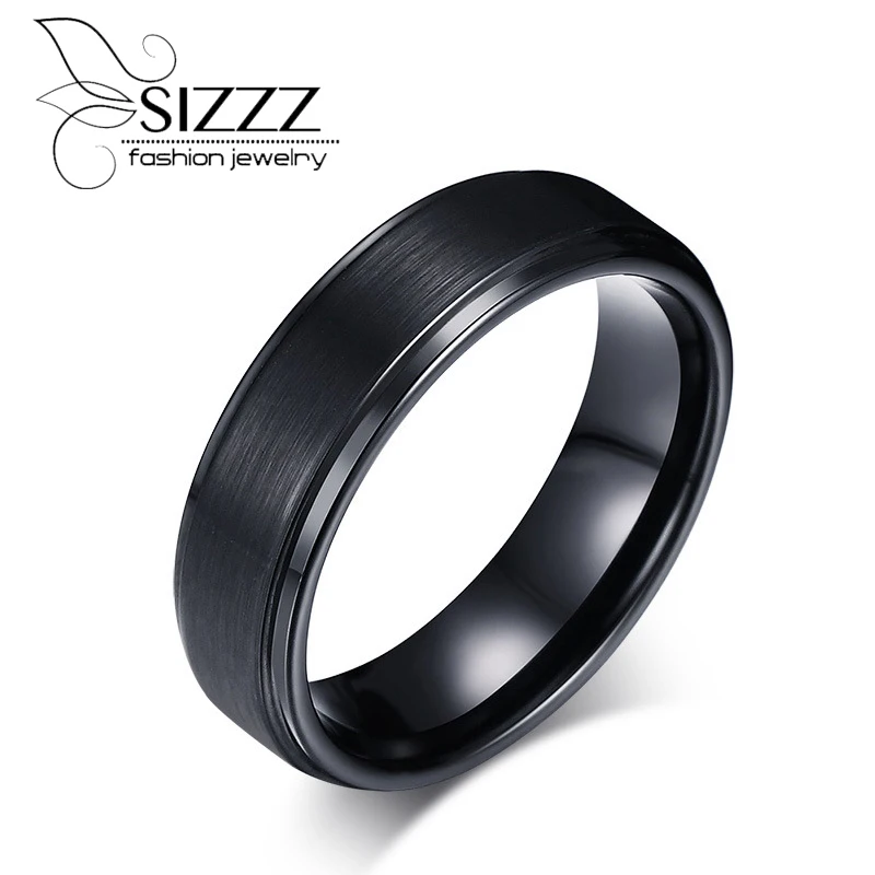 Фото Mens Rings Tungsten Steel Black Black-color Stepped Edges Finish Center for Men Wedding Engagement Band Jewelry | Украшения и