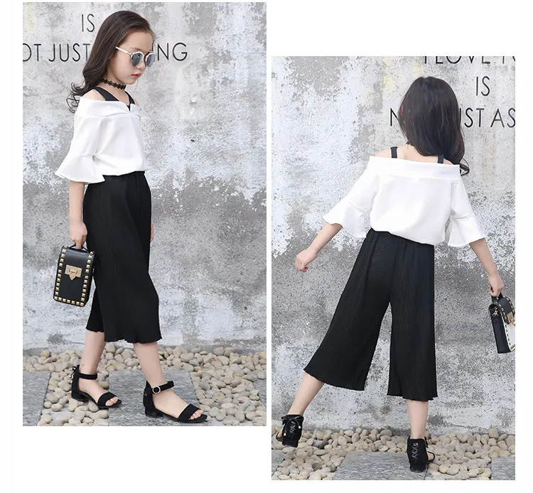 Elegant 2PCS Girl Clothing Sets Soft Chiffon Pants+Blouse School Children Summer Suit Girls Boutique Outfits 8 10 12 14 Years