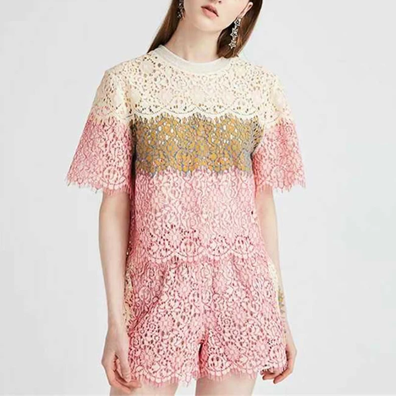 Women Cute Lace Top and Shorts Set 2019 Summer Short Sleeve Loose Pink Blouse + Elastic Waist Short Pants 2 Piece Set Women Suit 
Women Cute Lace Top and Shorts Set 2019 Summer Short Sleeve Loose Pink Blouse + Elastic Waist Short Pants 2 Piece Set Women Suit